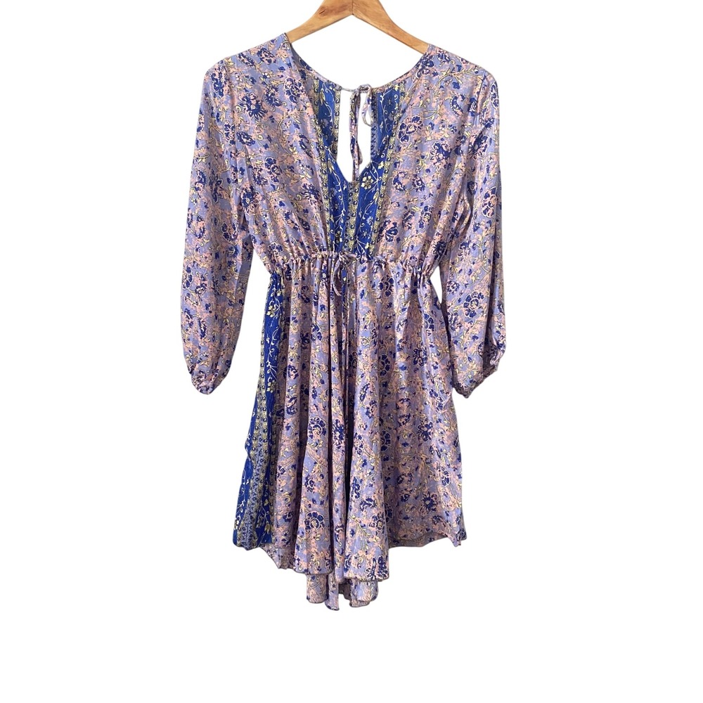 Karma Highway Floral Paisley Boho Mini Dress One Size Lavender Blue Tassel Tie